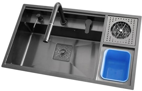 Lavabo Cucina 1 Vasca Lavello Nero, Lavandino Multifunzione Cucina Lavello a Scomparsa con Rubinetto di Sollevamento 820 * 460 mm