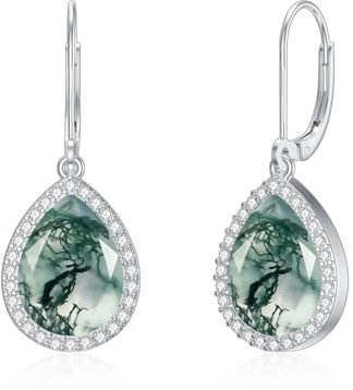 PROESS Moosachat Ohrringe 925 Sterlingsilber Natürliche Moosachat Tropfenförmige Brisur Ohrringe Tropfenförmige Ohrringe Baumelnde Moosachat Ohrringe Schmuck Geschenke für Frauen