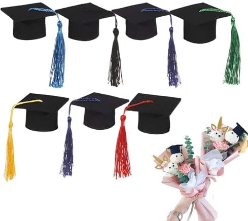 Graduation Cake Topper, 7 Pieces Mini Graduation Caps with Tassel, Graduation Hat Shaped Wine Bottle Covers Graduation Cap Decoration Ornaments for Graduation Favors