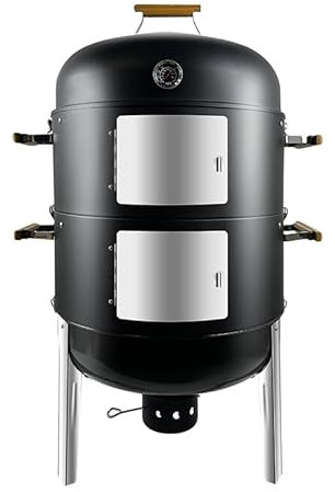 Joyagrill 52,1 cm 3-in-1 BBQ Smoker Grill Integriertes Thermometer, Lüftungsschlitz und 2 Zugangstüren, mehrschichtiger Fleisch-Räucherofen mit 5 Bambusgriffen und Rippenaufhänger Set mit 4 Haken,