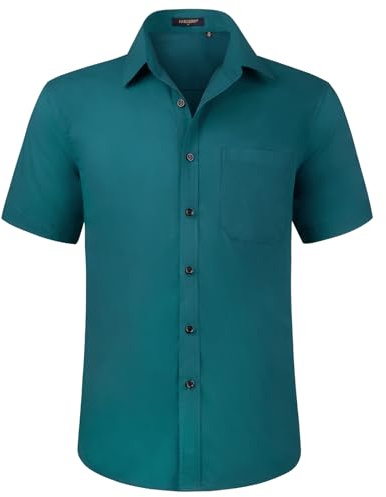 HISDERN Mens Short Sleeve Teal Shirt Regular Fit Casual Formal Shirts Button Down Business Dress Shirt Non Iron,L