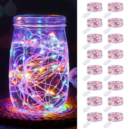 btfarm 16 Pezzi Stringa Luci LED a Batteria, 2M 20LED Mini Lampada a Batteria Filo Di Rame, IP65 Impermeabile Catena Luminos Lucine DIY per Interni Natale Matrimoni, Colorato