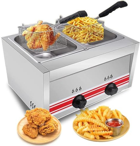 Dfdieratve Freidora Comercial de Gas Propano, Freidora de Acero Inoxidable para Encimera de 20 litros con 2 Cestas y 2 Tapas para Papas Fritas, Pollo y MáS