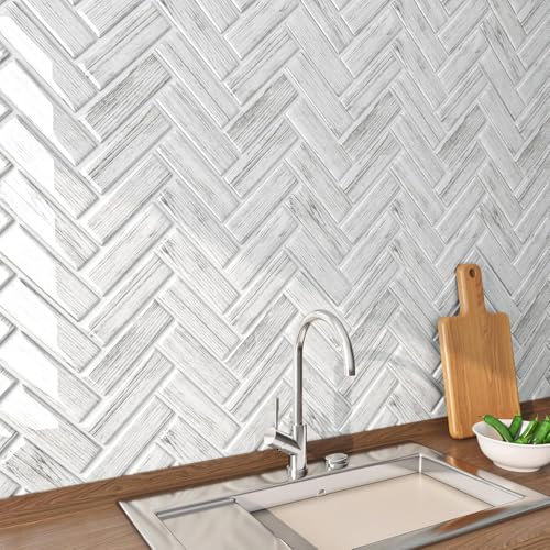 FunStick Piastrelle Adesive Muro 3D Effetto Legno Piastrelle Cucina Rivestimento Parete Legno Grigio Bianco Paraschizzi Cucina Adesivo Legno Lavabile Mattonelle Adesive Bagno 3D 30×30CM 5 Piastrelle