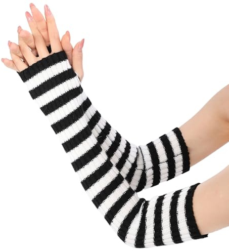 1 Paar Winter Gestrickte Handschuhe,Wärmer Handstulpen,Lange Fingerlose Handschuhe,Strick Gloves,Armwärmer Stulpen,Fingerlose Armstulpen,Handwärmer Stulpen,Dehnbare Häkelhandschuh,Schwarz + Weiß