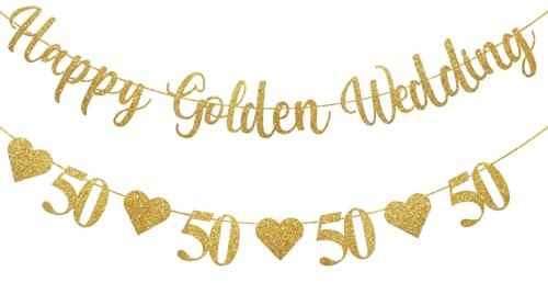Moorle Cartel de 50 aniversario de feliz aniversario, decoraciones doradas de aniversario de boda