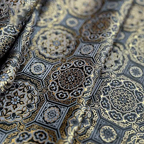 Tissus De Soie Tissu jacquard en soie brocart satiné noir jaune doré riche motif floral symétrique unique tapis de thé traditionnel rétro, reliure boîte de haute qualité tissu imitation chinois 145X5