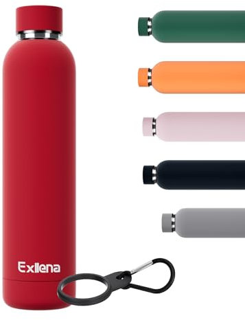 Exllena Insulated Water Bottles 750ml with Clip, Double Wall Vacuum Drinks Bottle Keeps Drinks Cold 24 Hrs/Hot 12 Hrs, Stainless Steel Water Bottle BPA Free(Red)