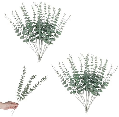 RHQFDM 30 Stücke 38cm Künstlichen Eukalyptuszweige Grüne Plastikpflanzen Eukalyptus Deko Künstliche Zweige Blätter Deko Für Hochzeiten,Gärten,Bürodekorationen(Dunkelgrün)