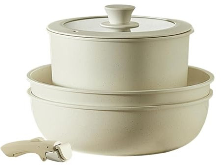 Set di pentole a induzione,Set di pentole gourmet,Pentole e padelle per cucinare | Set da cucina bianco crema antiaderente con manico staccabile per cucinare padelle per cucinare