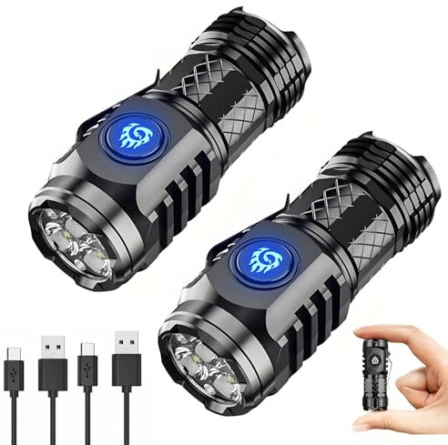 SIMDAO Three Eyed Mini Flashlight 2-Pack, Flashlight Super Power Mini Torch High Lumens Waterproof Portable Pocket Torch Rechargeable for Outdoor Hiking Camping [Energy Class A++]