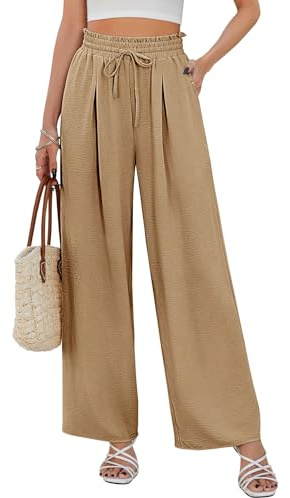 CMTOP Pantalon Femme Été Fluide à Jambes Larges Taille Haute Elastique Cordon de Serrage Droit Léger et Elegant de Plage Décontracté avec Poches