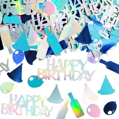 DazzJoy Glitzer Konfetti Tischdeko für Geburtstag 1-6,5cm, 100 Stk Happy Birthday Deko Luftschlangen für Mann Mädchen Junge, Streudeko Tisch Confetti in Blau