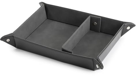 LIVIVO Black PU Leather Valet Tray Organiser - Collapsible Desk Storage with Removable Divider for Men’s Accessories, Jewellery & Watch - Lightweight & Portable (26x20cm)
