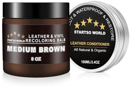 STARTSO WORLD Leder Reparatur Set Medium Braun mit Lederfett, 200ml Flüssigleder, Lederfarbe, Lederpflege Auto, Leder- & Vinyl-Reparaturset für Möbel, Couchen, Sofas, Autositze, Schuhe