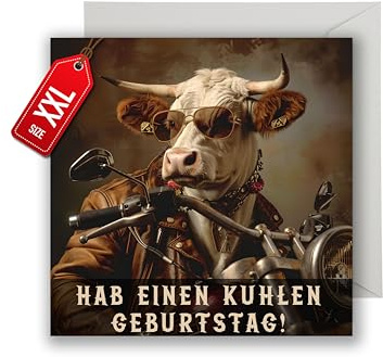WBdesignz Lustige Geburtstagskarte „Hab einen kuhlen Geburtstag!“ – quadratisch – Kuh auf Motorrad – witzige Karte für Männer, Frauen & Freunde – cooler Humor inkl. Umschlag (XXL 22 x 22 cm)