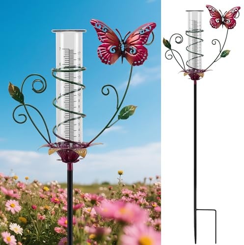 VESTCDF Schmetterlings-Regenmesser für den Außenbereich, Metall, dekorativ, mit Pfahl, wasserdicht, 20,3 cm, Regenmessgerät für Hof, Garten, Terrasse, Rasen