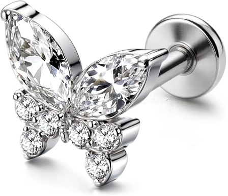 G23 Titan 16G Piercing Ohr Forward Helix Medusa Tragus Conch Ohrringe Damen | 1 Pcs Hypoallergen Ohrring mit Innengewinde für Monroe Labret Lippen Muschel Piercings in Silber mit Schwarz CZ 6mm