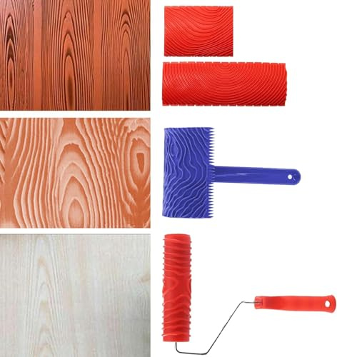 Attrezzo per venature del legno, attrezzo per pittura in gomma per decorazioni murali, rosso, blu (4 pezzi)