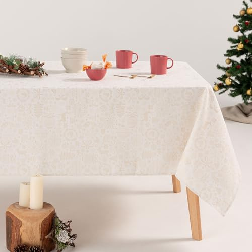 GAMUSI Tischdecke für Weihnachten, Blumenmuster, Jacquard, Goldgarn, Esstisch, rechteckig, Weihnachtsdekoration, 140 x 200 cm, Weiß