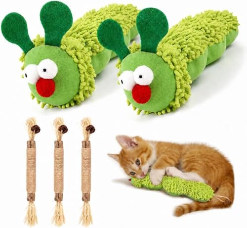 Fan Hua 5 pcs Katzenminze Spielzeug, interaktives Katzenspielzeug, 2 Raupen Katzenminze Spielzeug 3 Stück Katzenminze Sticks, Helfen für Katzenzahnhygiene & Aktivität