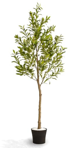 NOVECRAFTO 6FT/180CM Artificial Olive Tree with Decorative Pot & Mediterranean Stones – Realistic Indoor Faux Olive Tree with Natural Trunk, Lifelike Leaves & Fruits – Living Room, Bedroom, Office