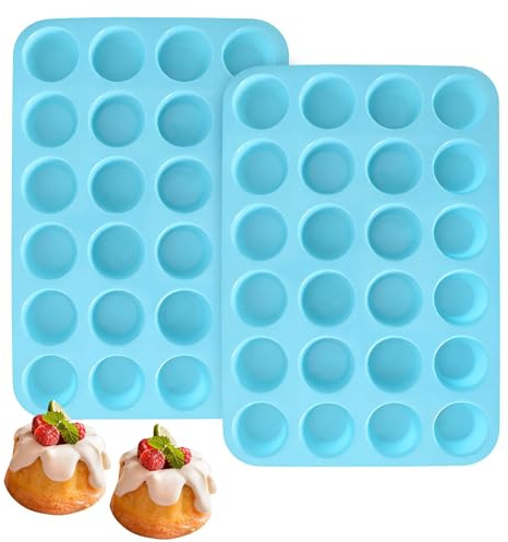 Naapesi 2 Pack Silicone Mini Muffin Pan, 24 Cup Non-Stick Mini Cupcake and Muffin Baking Tray, DIY Reusable Food Grade Silicone Baking Moulds, Dishwasher Safe, 32×22.5×2.5cm (Blue)