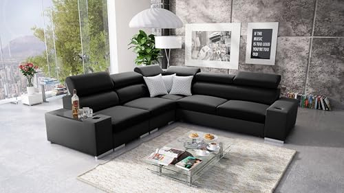 IM SOFA Ecksofa L-Form mit Schlaffunktion PERS III – Moderne Wohnzimmer Couch (Schwarz Sawana + Schwarzes Kunstleder, Links)