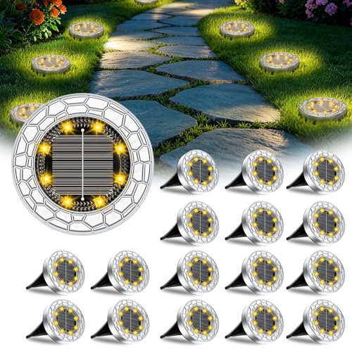 FIFlying Solar Bodenleuchten Aussen Garten 16 Stück 8 LED Solarlampen für außen IP65 Wasserdicht Gartenbeleuchtung Warmweiß Solarleuchten für Garten Weg Einfahrt Rasen Gehweg Patio Terrasse