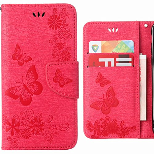 Ougger Handyhülle für Huawei Y6 (2018) Leder Schutzhülle Schale Weich TPU Silikon Magnetisch-Stehen Flip Cover Tasche Huawei Y6 (2018) mit Kartensteckplätzen, Schmetterling Streifen (Rosa)