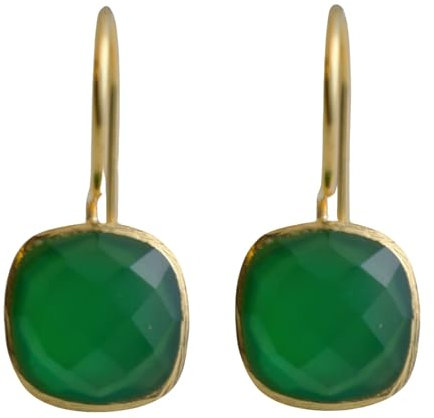 Kissenschliff Grüner Onyx Vergoldet 925 Silber Ohrringe - Natürlicher Edelstein - Geburtstagsgeschenk - Weihnachtsgeschenk - Handgefertigte Geschenkideen für Frauen (Grüner Onyx)