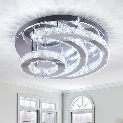 CXGLEAMING 15.7 Modern Crystal Chandelier Ceiling Lights Living Room LED Light Fittings Ceilings Flush Mount Pendant Lamp for Bedrrom Kitchen Hallway,Moon Shaped Cool White(6500K)