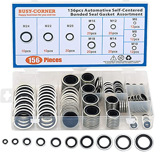156 Pieces Bonded Seal Dowty Washer,Automotive Self-Centred Dowty Seal Gasket Assortment,10 Metric Sizes,from M6 to M24 (Metric, 156 Pieces Bonded Seal)