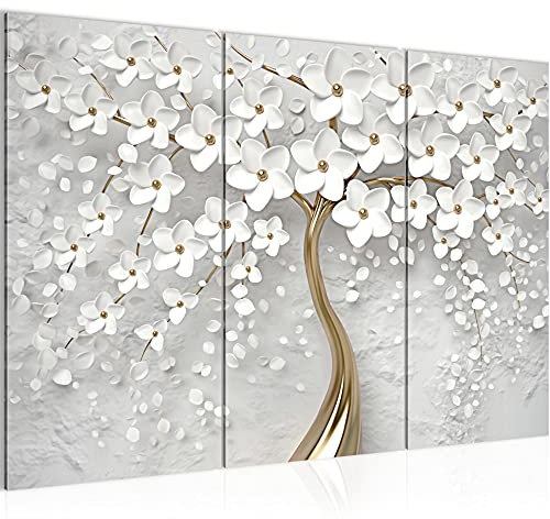Runa Art Fleur Peinture Tableau Salon XXL or blanc Arbre abstrait 120 x 80 cm 3 parties Decoration Murale 039731a
