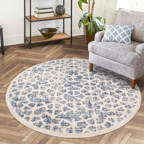 carpet city Teppich Wohnzimmer Blau - 160x160 cm Rund - Geometrisch Scandi-Stil - Kurzflor Teppiche Modern - Tricolor Soft&Weich - Flachflor Schlafzimmer