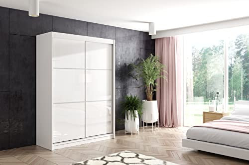 ALTDECOR Kleiderschrank mit Lacobel-Schiebetüren, kugelgelagerte Führungsschienen und Aluminium- Leisten, LED-Beleuchtung (weiß + 16 Farben) und Fernbedienung - VIVI - 120 cm Weiß