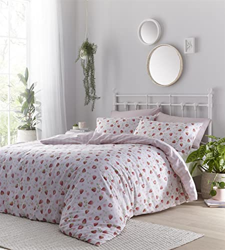 Portfolio Strawberry Fields Floral Check Duvet Cover and Pillowcase Set Pastel Pink Red (Single)