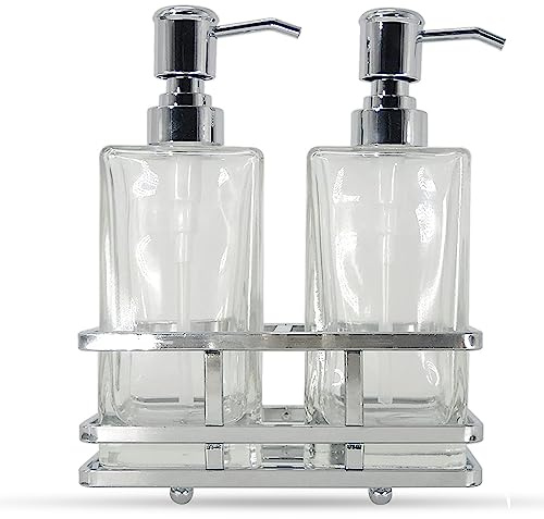 Square Glass Clear Lotion and Soap Pump Dispenser Set with Metal Stand Caddy for Bathroom Bath Kitchen Home Office Travel Hotel Hand Crafted Heavy Weight Chrome