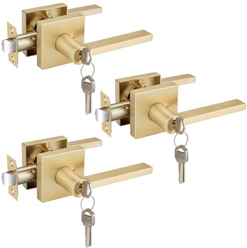 3 Pcs Entry Door Locks Keyed Alike, Gold Door Handles for Interior or Exterior Door Use, Heavy Duty Front Door Levers with Keys, Durable & Sleek Door Knobs