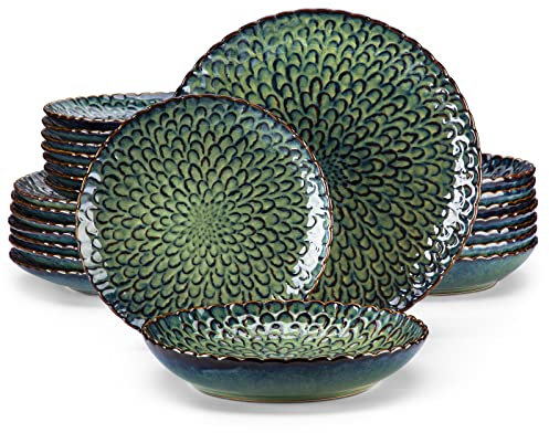 vancasso Dinner Sets, Green Reactive Glaze Crockery Set, 24-Piece Ceramic Plates and Bowls Set with Dinner Plate, Dessert Plate and Pasta Bowl. Chrysanthemum Embossed, Service for 8