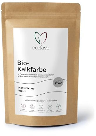 Ecofave Bio-Kalkfarbe | Natürliche Wandfarbe ohne Plastik | Diffusionsoffen, hochdeckend und vegan | 1 kg für 12 m² Farbe matt weiß