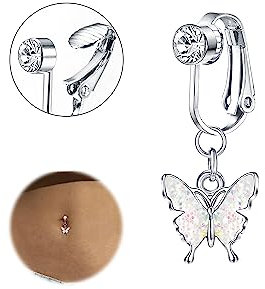 CASSIECA Silber Faux Percing au Nombril pour Femme Faux Piercing Nombril Clip Acier Chirurgical Fake Piercing de Nombril avec Papillon Dangle Faux Anneaux Nombril Non Percé Piercing Bijoux