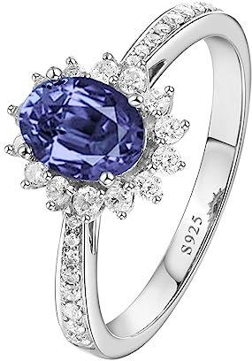 Homxi Anillo Plata de Ley 925 Mujer,Anillo Compromiso 4 Garras con Oval y Flor Circonita Púrpura Claro Anillos de Plata Mujer Tamaño 22(62mm)