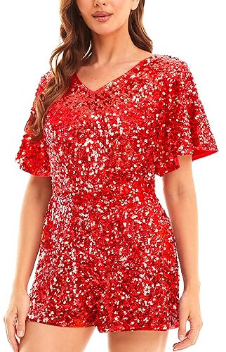 MANER Damen Pailletten Strampler Sparkly Kurz Jumpsuit Party Konzert Outfit mit Flatterärmel, Rot/Ausflug, einfarbig (Getaway Solids), XX-Large