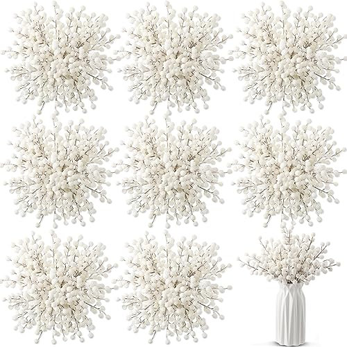 Censen 50 Pieces Artificial Holly Berry Stem Picks with Snowflake Frosted Christmas Tree Branches Fillers Ornaments Sprays Snowy Berry Twig Branches for Xmas Garland Wreath Winter Home Decor (White)