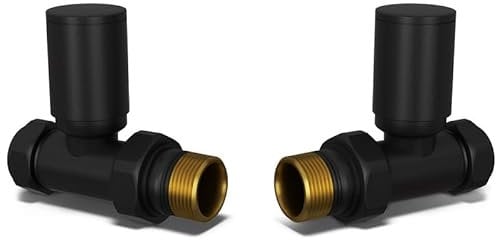 UK Radiators Round Black Radiator Valve Pair - Black Matt Finish - Classy and Modern Design 1/2 x 10mm Straight Radiator Valve Pair - Pair of Valves