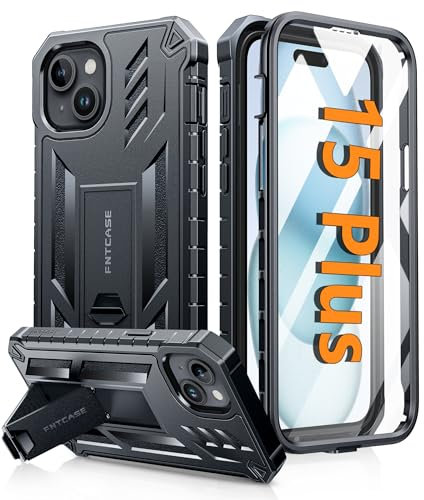 FNTCASE für iPhone 15 Plus Hülle: Military Grade Handyhülle für iPhone 15 Plus mit Ständer Multifunktion Schutzhülle 360 Rundumschutz Outdoor Case 6,7 Zoll-Schwarz