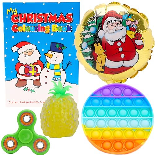 Toyland® 5-teiliges Set mit Weihnachtsstrumpf und Partytütenfüller – Weihnachts-Malbuch, Squishy-Ananas, Fidget Spinner, Bubble Pop und Mini-Ballon – Kinderspielzeug