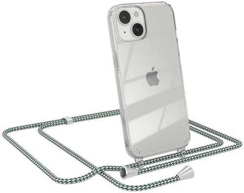 EAZY CASE - Kette Schutzhülle - kompatibel mit iPhone 14, Stoßfest Fallschutz Bumper Schutzhülle, Handy Straps, Silikonhülle, Handykette abnehmbar, Hell Grün Camouflage mit Clips Silber