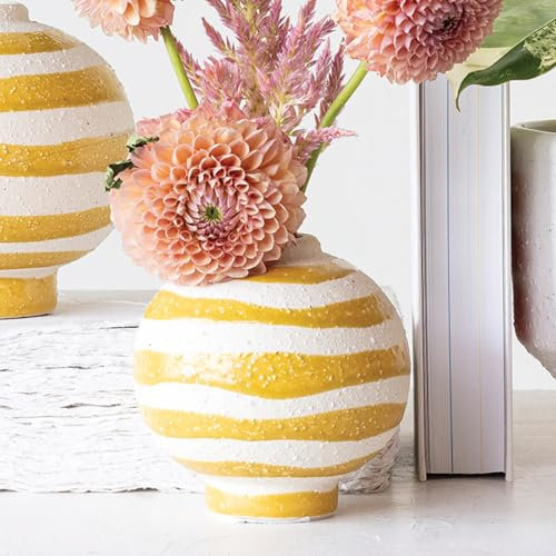 Creative Co-Op Gestreifte Steingut-Vase mit Kugelform und Fußboden, Gelb und Weiß